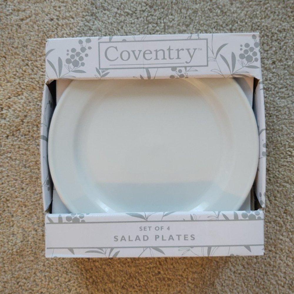 COVENTRY SALAD PLATES BOXED SET OF 4 WHITE PORCELAIN NEW IN BOX